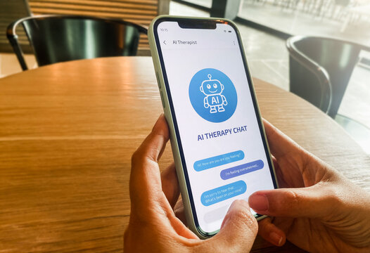 Person use AI therapy chat app on smart phone for mental health support - Emotional, wellbeing assistant concept