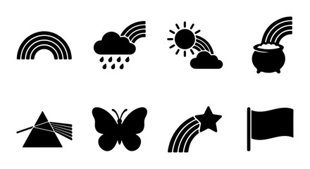 Rainbow Icons Set, Weather Symbols, Prism Light, Pot of Gold, Butterfly, Star, Flag © sahid