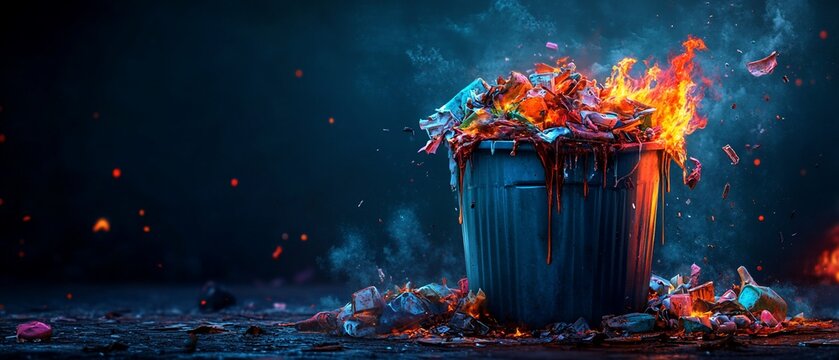 A trash can ablaze with fiery waste, overflowing with debris and smoke