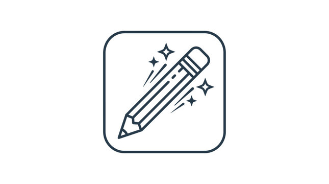 Pencil icon sits inside a rounded square frame with sparkling effects to represent creativity and artistic inspiration.