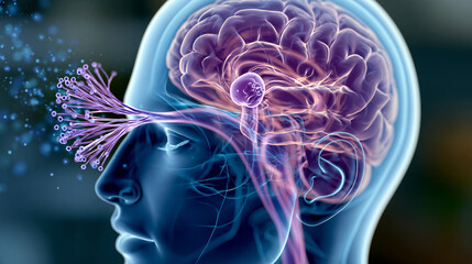 Naklejka premium 3D medical illustration of human olfactory system showing nasal cavity olfactory bulb and brain processing scent particles through receptors, neuroscience concept, medical