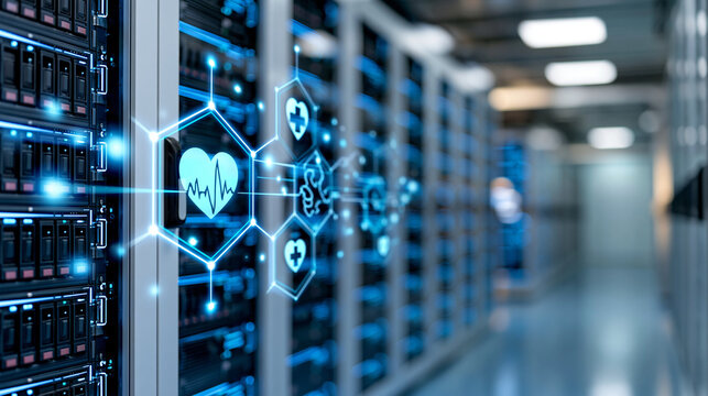 Server room with medical data visualization representing digital healthcare technology for advanced medical research and diagnosis, health informatics concept, technology