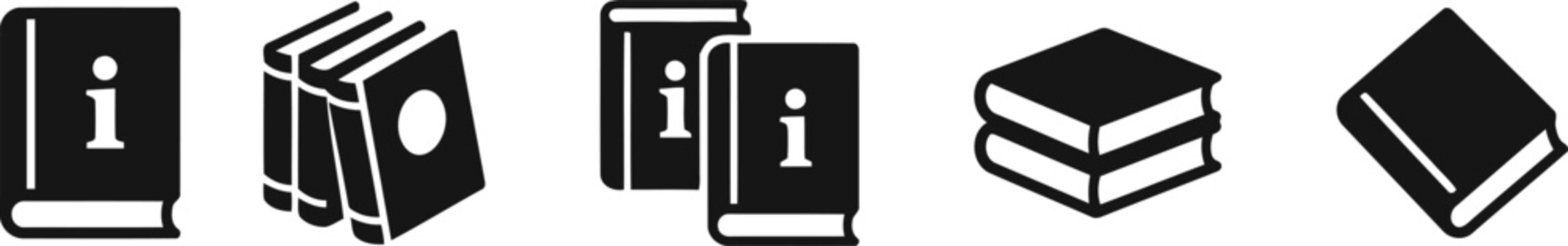 Collection of various book icons in black and white for educational or informational purposes