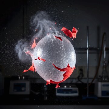 High speed freeze frame photography of a red water balloon exploding in a dark laboratory