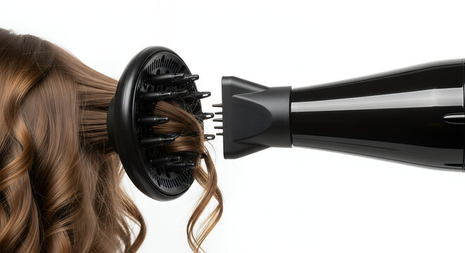 Hair dryer with diffuser attachment styling wavy brown hair