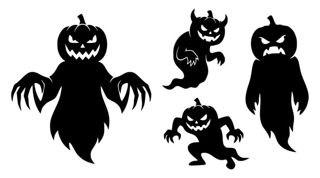 Halloween pumpkin ghost figures with spooky faces in silhouette against a white background for festive design