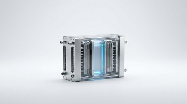 Transparent fuel cell stack with glowing blue interior, science equipment.