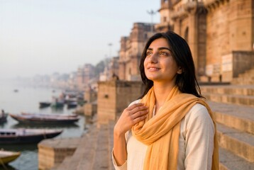 Fototapeta premium Indian woman standing on ganges river ghats, experiencing spirituality during sunrise
