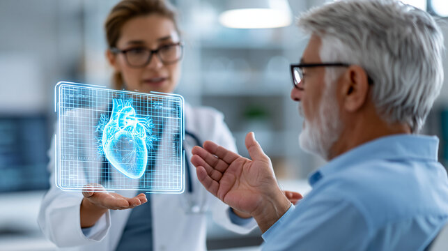 Faceless female doctor explaining holographic medical data to senior patient in clinic with futuristic healthcare technology and heart scan visualization, patient care concept,
