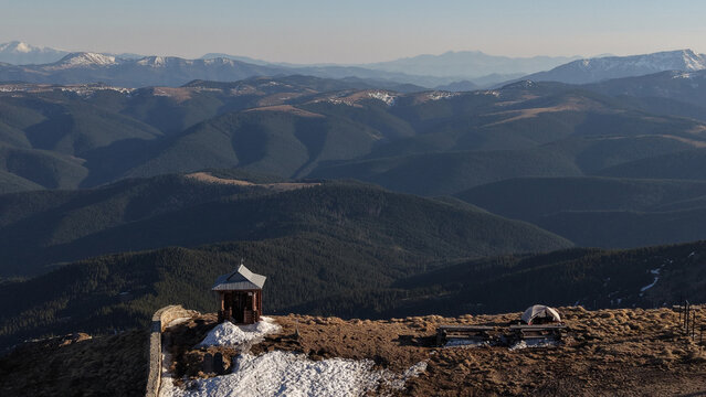 Mountain chapel on peak of Pip Ivan Chornohirskyi with panoramic view
