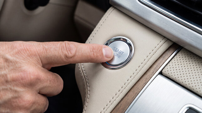 Start the engine from the START ENGINE button in the car. A man presses the ignition button for a car ride