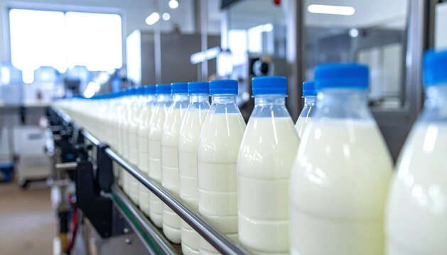 Fresh Milk Bottles on Automated Conveyor Belt in Modern Dairy Processing Factory