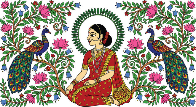 Woman in red sari with peacocks and flowers isolated on transparent background Indian folk art illustration design for festive celebration