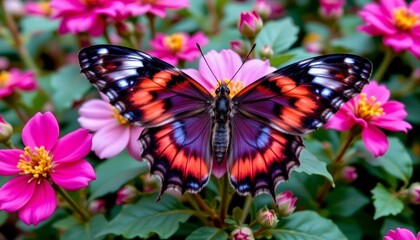 Naklejka premium Vibrant Butterfly Resting Bloom Lush Garden Scene