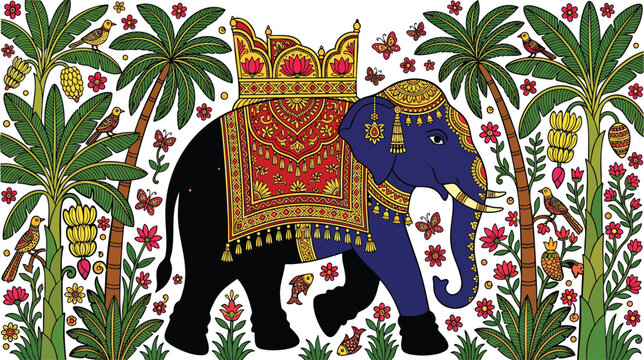 Decorated elephant walking in a tropical jungle with flowers and palm trees isolated on transparent background Indian folk art illustration design for festive celebration