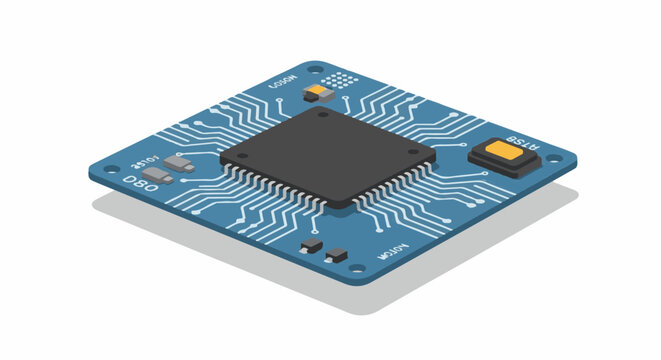 Isometric view of a blue circuit board with a black central processor and various electronic components