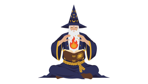 Ancient powerful wizard in a blue robe and pointy hat cast a magic fire spell over an old mystical spellbook.