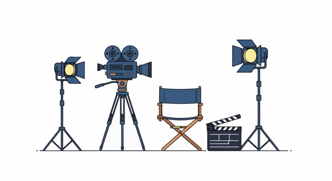 Movie set essentials camera lights director's chair and clapboard