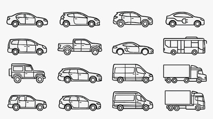 Industrial Black and White Line Drawing Collection of Various Vehicles and Transport Icons with high quality professional line art symbols for modern creative design and digital branding projects © Sandir