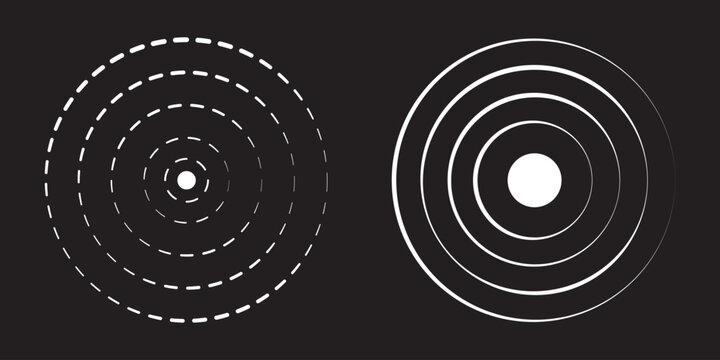 Black concentric circle set. Sonar or sound wave ring halftone collection. Ripple radial signal or vibration elements. Red concentric ripple circles set. Sonar or sound wave rings collection. target