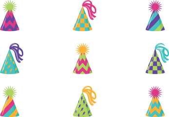Obraz premium PrintVibrant Birthday Party Hat Icon Set with Nine Patterned Geometric Cone Caps featuring Tassels and Pom Poms for Kids Festive Celebration Event Graphic Designs