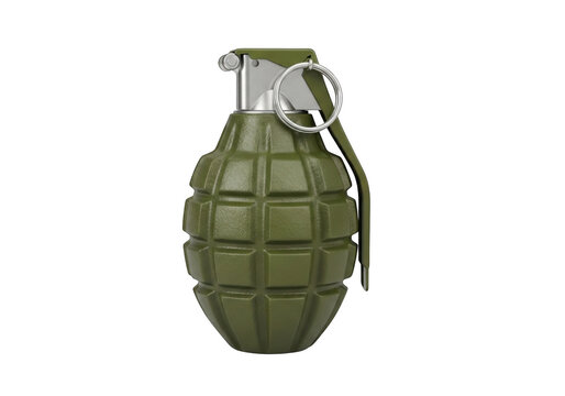 Olive green fragmentation grenade with safety pin during studio lighting Isolated on transparent background