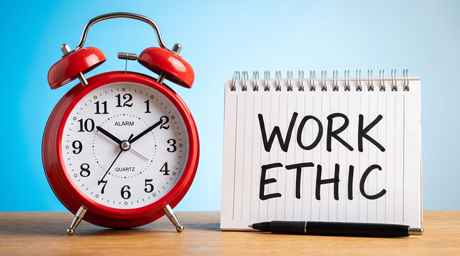 Red alarm clock, work ethic notebook, productivity concept, office still life