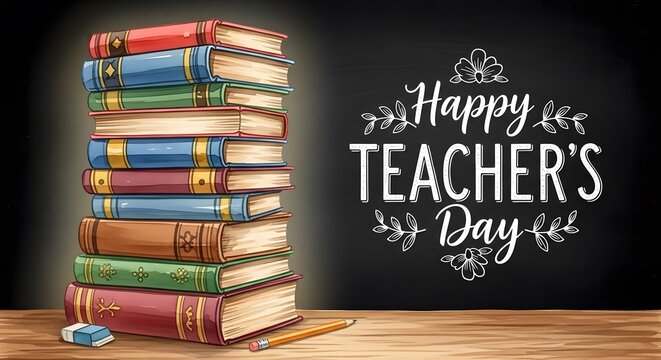 Happy teachers day stack of books and chalkboard with calligraphy