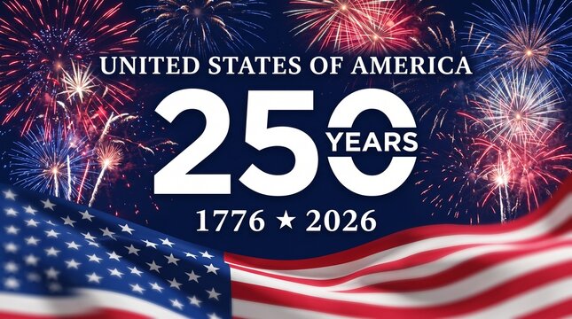 A celebratory graphic illustration featuring a waving flag and fireworks for a 250 year anniversary event.