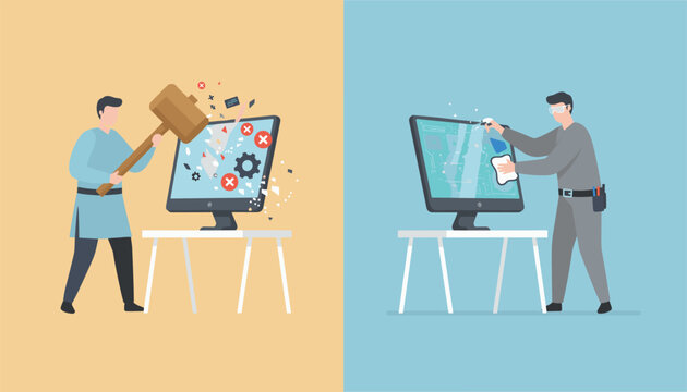 Split concept illustration showing a man destroying a computer with a hammer next to a man carefully cleaning it.