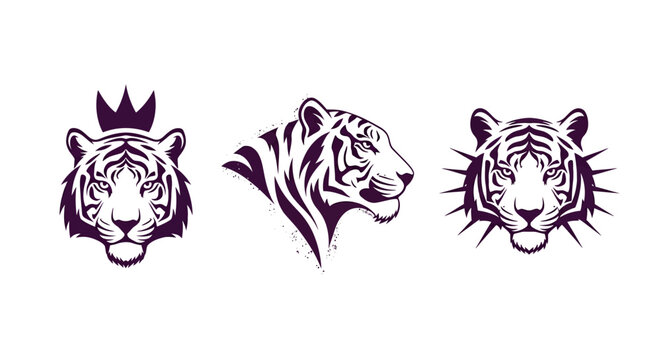 Three artistic tiger head illustrations with crown and spikes.