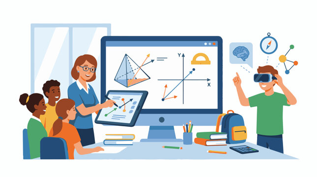 A teacher and students using digital tools for interactive learning with graphs