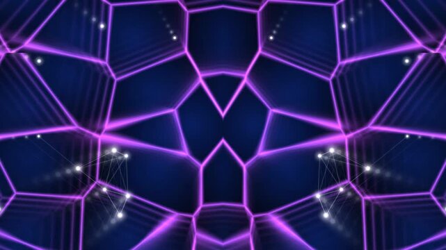 Geometric Neon Dreamscape: An abstract visual symphony of vibrant neon purple lines forming a dynamic geometric pattern against a deep blue background, illuminated by scattered white lights.