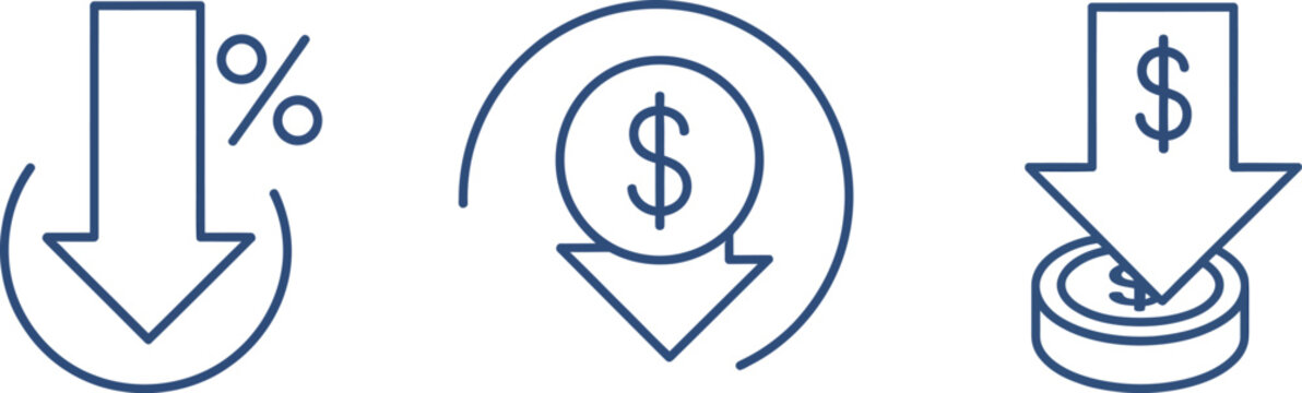 Cost reduction icon featuring price decrease, downward arrow, money savings, budget management, and financial line vector design.
