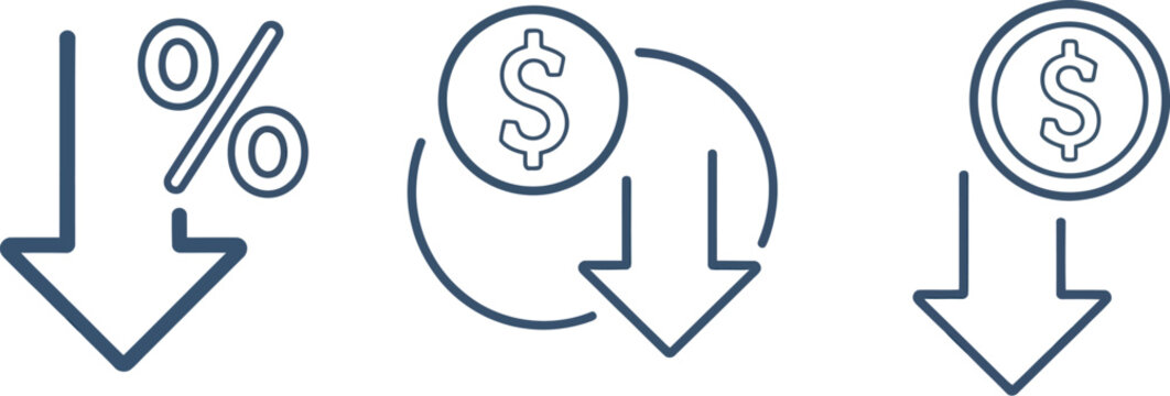 Cost reduction icon featuring price decrease, downward arrow, money savings, budget management, and financial line vector design.