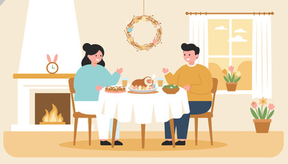 Fototapeta premium Happy couple enjoys a festive dinner together at a round table with hot cross buns, ham, and a cozy fireplace nearby.