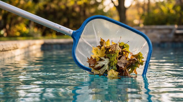 A pool maintenance skimmer net removing debris and dry leaves from clear blue swimming pool water on a bright day with cleaning maintenance swimming backyard skimming
