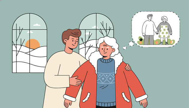 Caring young man helps an elderly woman put on her red winter coat while she recalls sweet memories of her late husband.