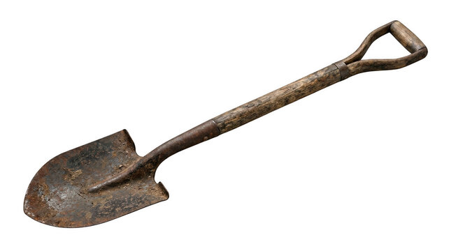 Rustic garden shovel with weathered wooden handle against bright studio light Isolated on transparent background