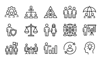 Fototapeta premium Human resources and team management vector line icon set. Organizational chart and employee network symbols. Concept for corporate HR UI UX web design and business presentation.