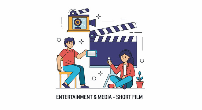 Two people create a short film with a camera clapperboard and phone