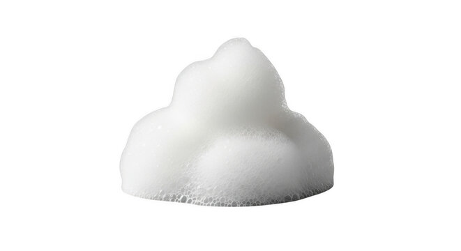 Soft white soap foam blob with air bubbles during studio lighting isolated on transparent background