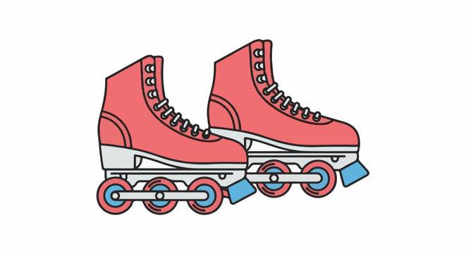 Two vibrant red quad roller skates with blue wheels and grey accents on a white background