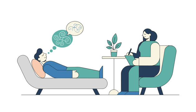 Patient lies comfortably on a therapy sofa and shares his thoughts while a professional psychologist takes notes in her chair.