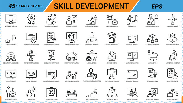Skill development outline icons set for web and mobile design, modern minimalistic flat design.