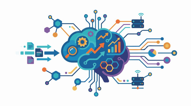 A colorful brain with circuit board elements and data visualization symbols