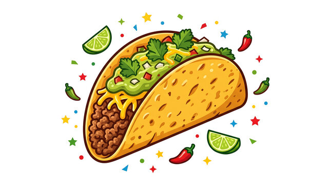 Mexican taco vector graphic food illustration with beef, cheese, guacamole, and lime