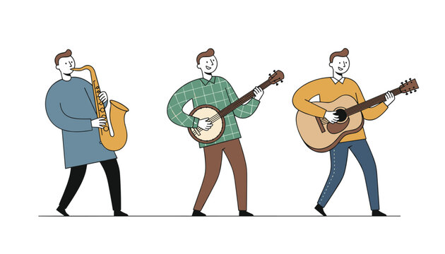 Three enthusiastic male musicians stand in a professional row while playing the saxophone banjo and acoustic guitar.