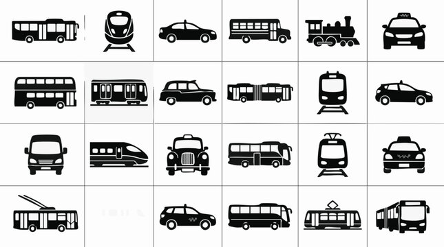 Set of black and white public and private transportation vehicle icons