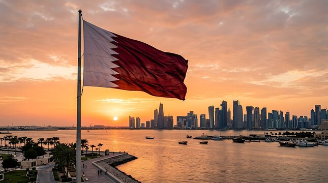 Waving Qatar Flag Over Doha City Skyline During A Vibrant Golden Hour Sunset Landscape View